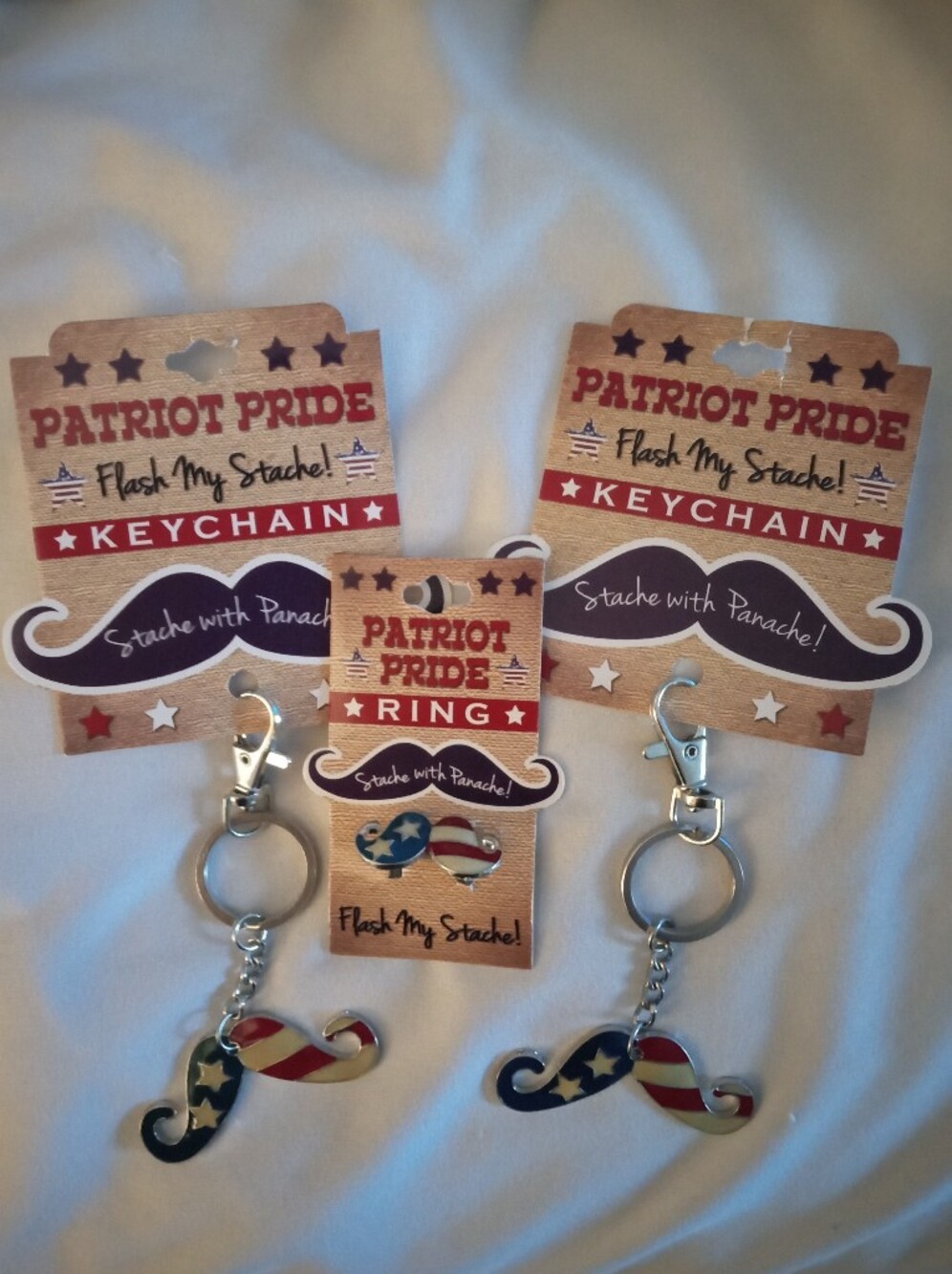 3pc Red, White & Blue Flag Mustache Keychain's And Ring Set